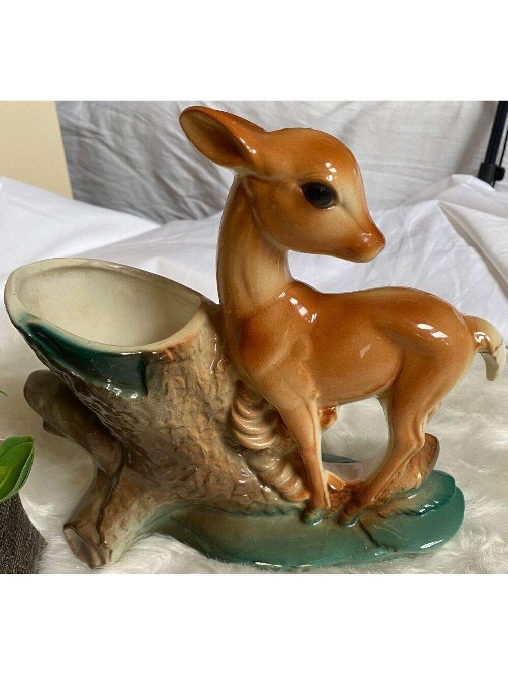 Vintage Ceramic Deer Planter Tree Stump Woodland Decor